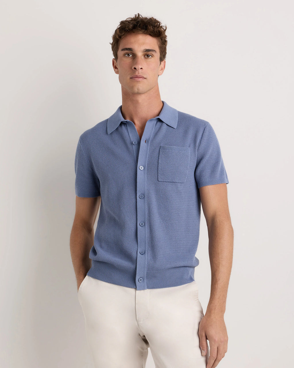 100% Organic Cotton Mesh-Stitch Button-Up Sweater Polo - XS / Speckled Beige