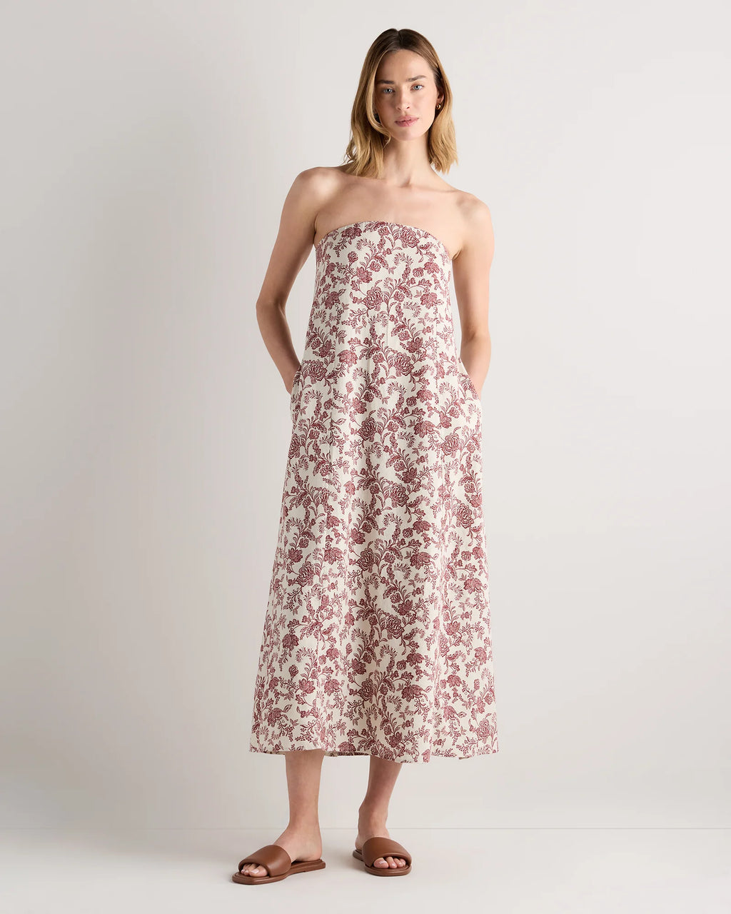 100% European Linen Strapless Maxi Dress - XS / Brick Red Heirloom Floral