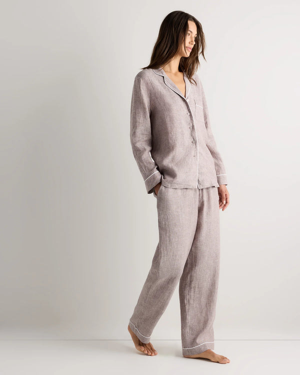100% European Linen Long Sleeve Pajama Set with Piping - XS / Taupe Brown Gingham