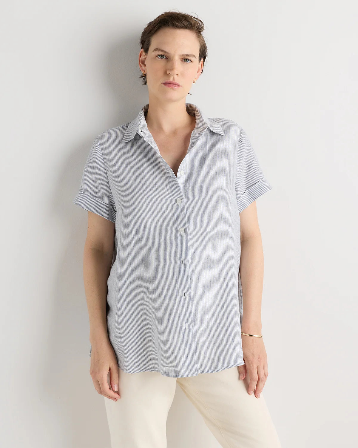100% European Linen Maternity Camp Shirt - XS / Blue Pinstripe Main image