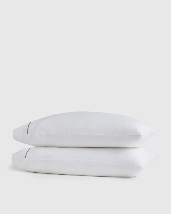 Signature Giza Cotton Sateen Embroidered Pillowcase Set - Standard / White/Dried Sage