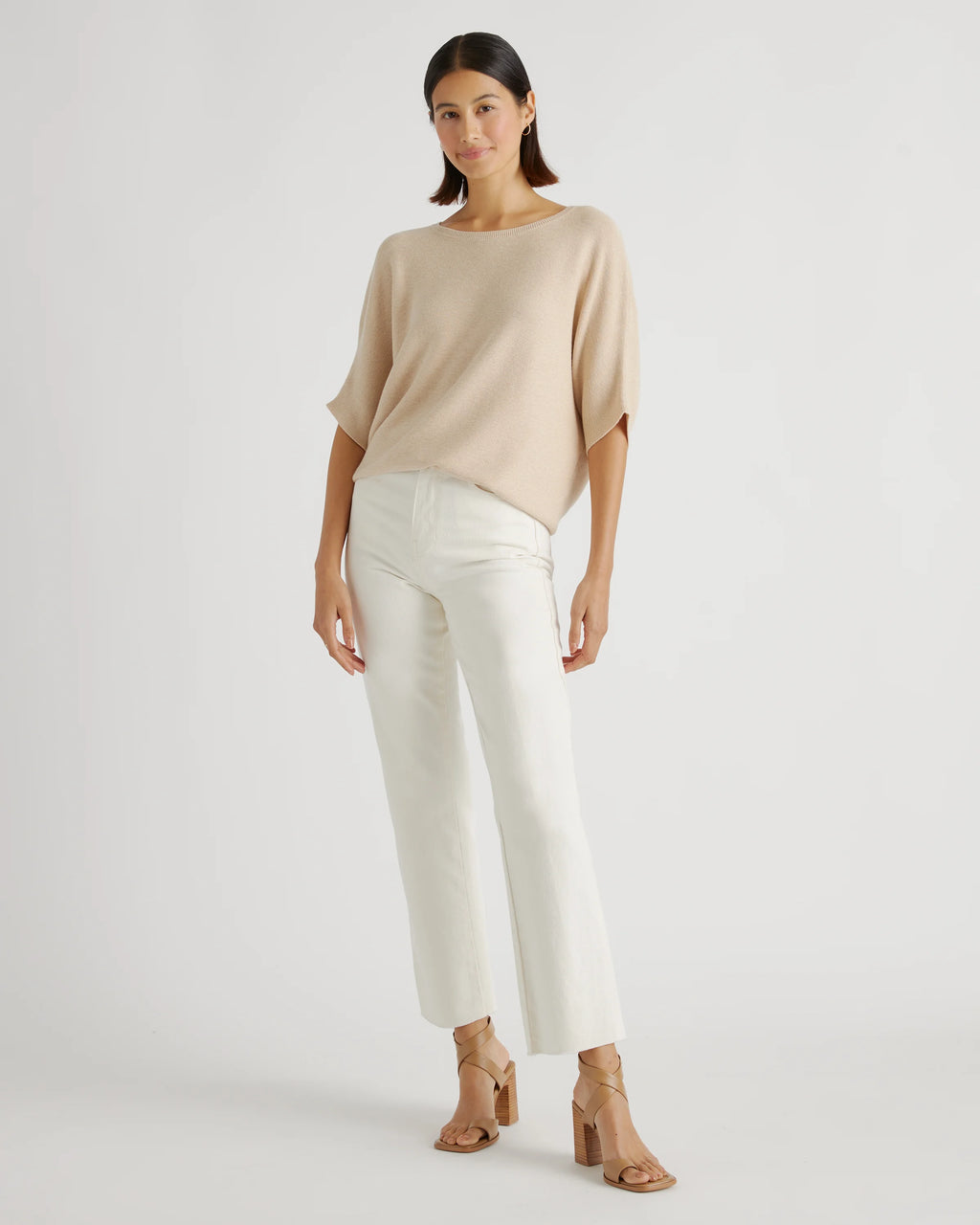 Lightweight Cotton Cashmere Link-Stitch Dolman Sweater - XS / Sugar Stone