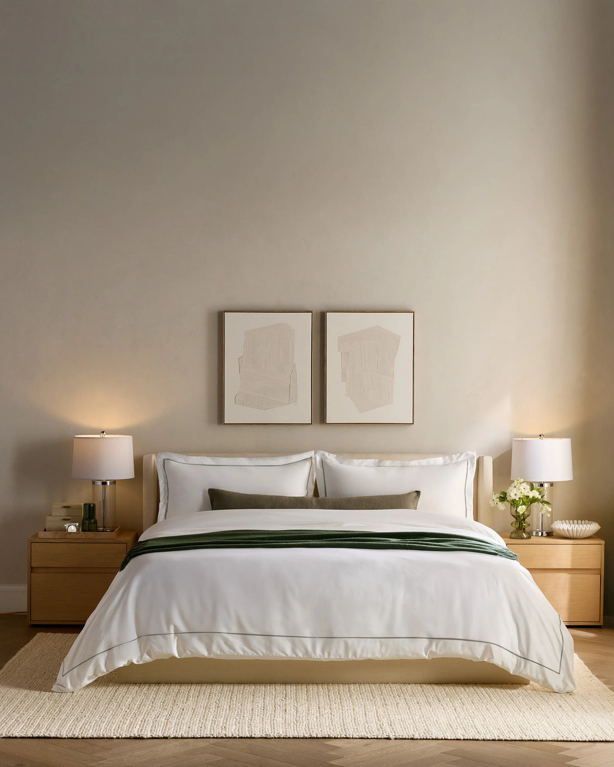 Signature Giza Cotton Sateen Embroidered Duvet Cover - Twin / White/Dried Sage