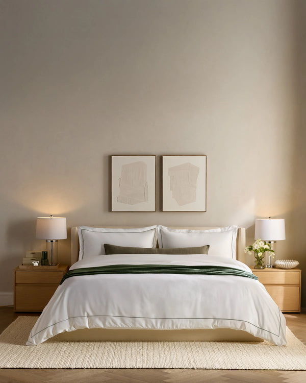 Signature Giza Cotton Sateen Embroidered Duvet Cover - Twin / White/Dried Sage