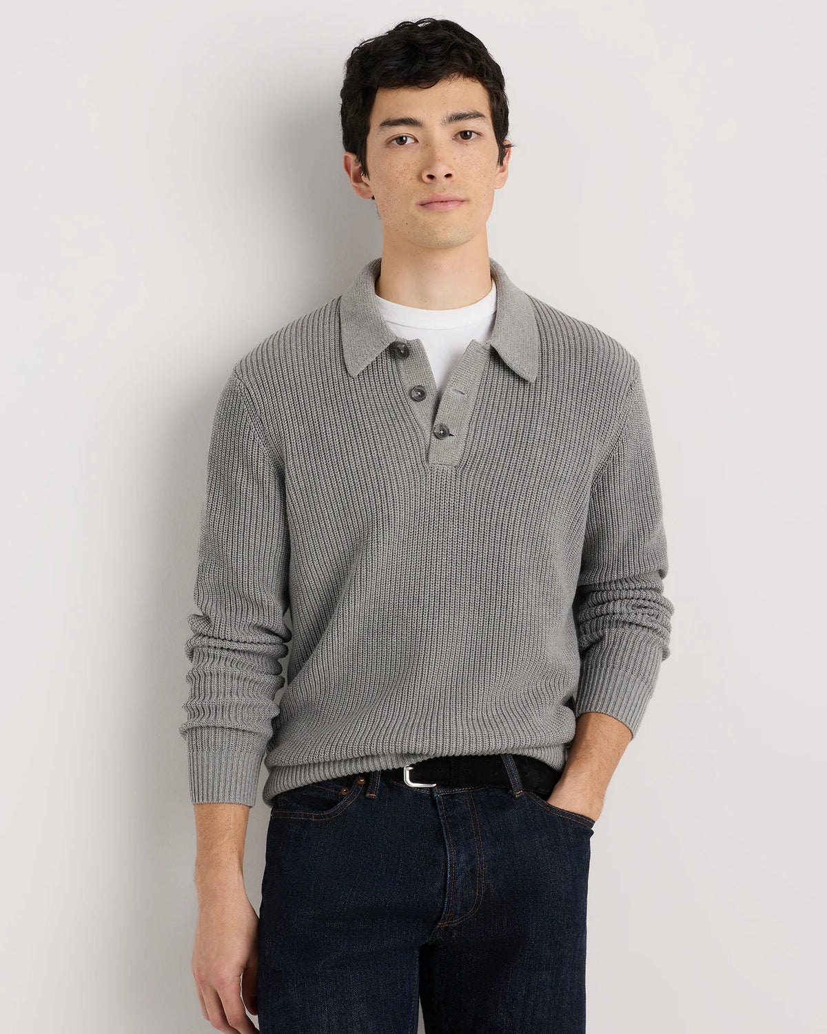 100% Organic Cotton Ribbed Polo Sweater - XS / Mid Heather Grey
