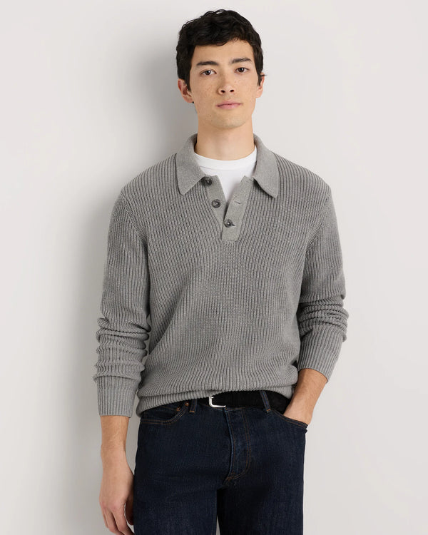 100% Organic Cotton Ribbed Polo Sweater - XS / Mid Heather Grey