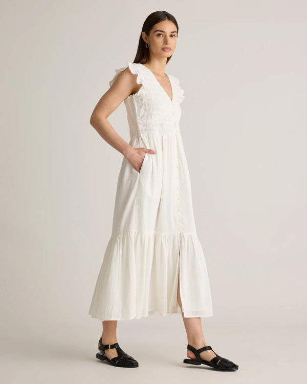Organic Textured Cotton Smocked V-Neck Midi Dress - XS / Pale Custard Yellow