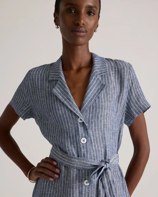 100% European Linen Button Front Dress - XS / Sky Blue Mariner Stripe