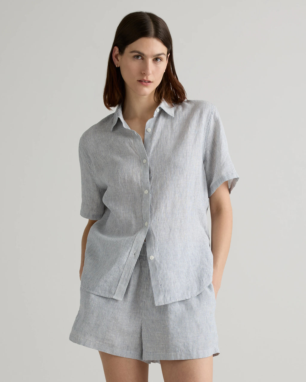 100% European Linen Shorts Pajama Set - XS / French Blue