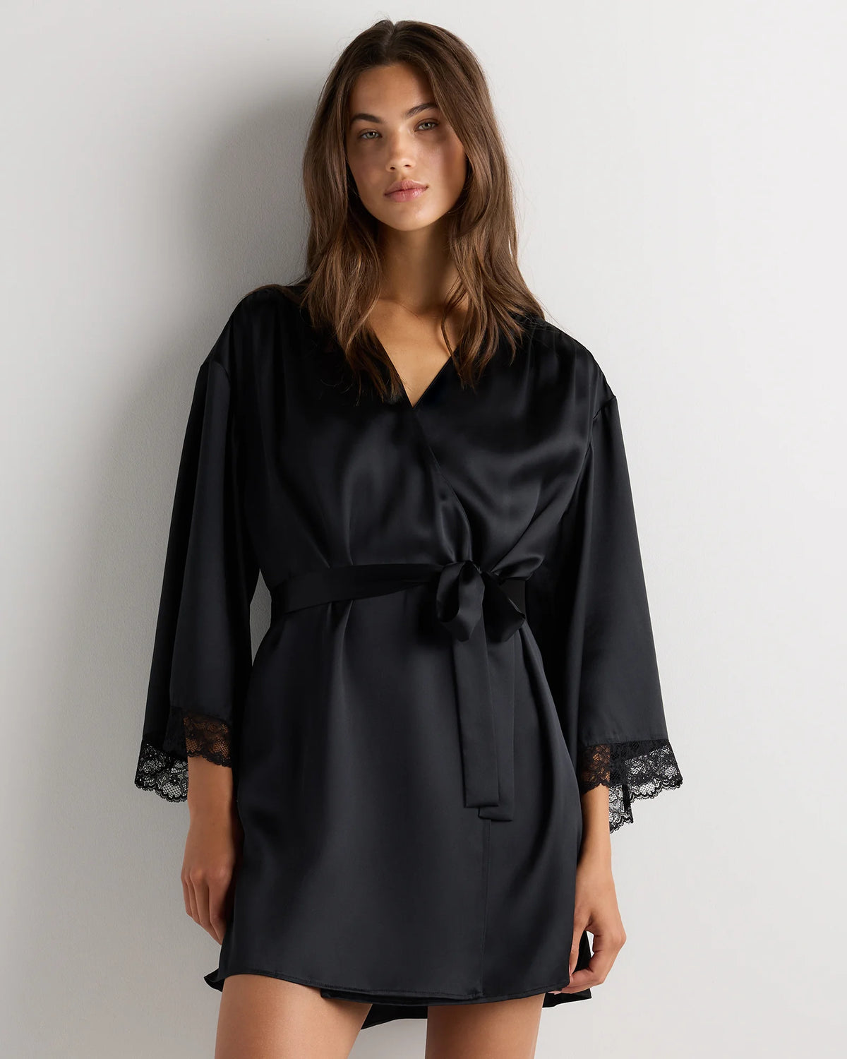 100% Washable Silk Satin Lace Trim Robe - XS / Black Main image