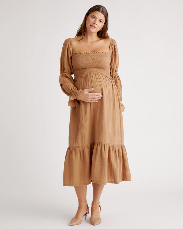 100% Organic Cotton Gauze Maternity Smocked Midi Dress - XS / Wild Cherry