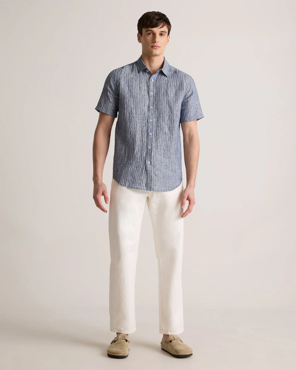 100% European Linen Relaxed Short Sleeve Shirt - XS / Taupe Brown Chambray