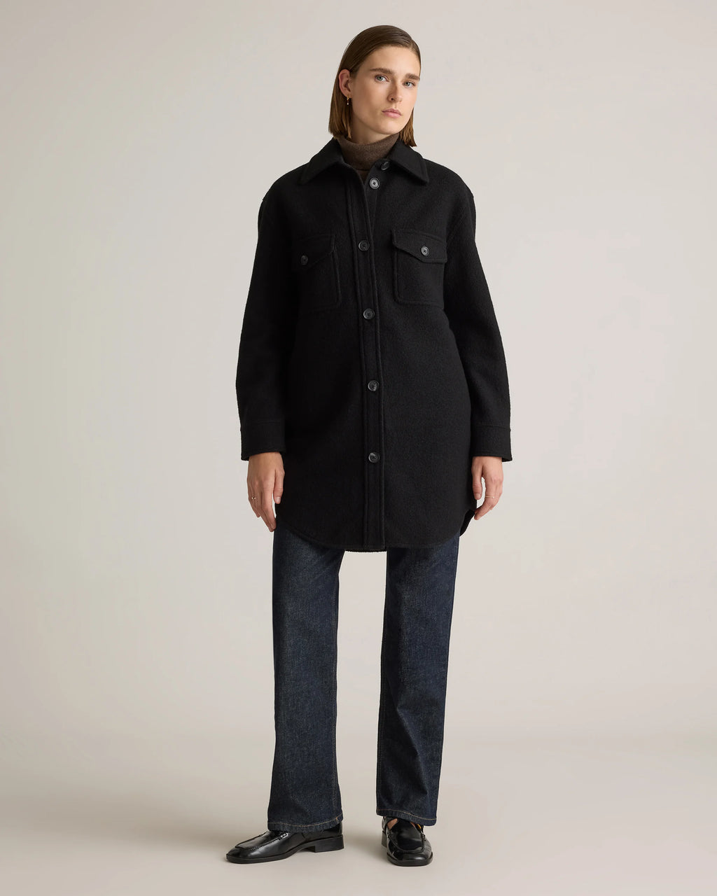 100% Merino Wool Long Shirt Jacket - XS / Heather Bone