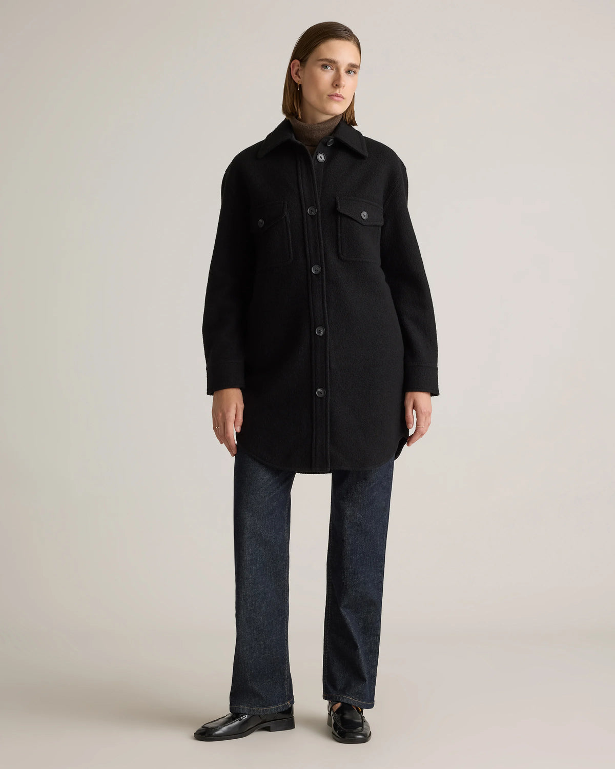 100% Merino Wool Long Shirt Jacket - XS / Heather Bone