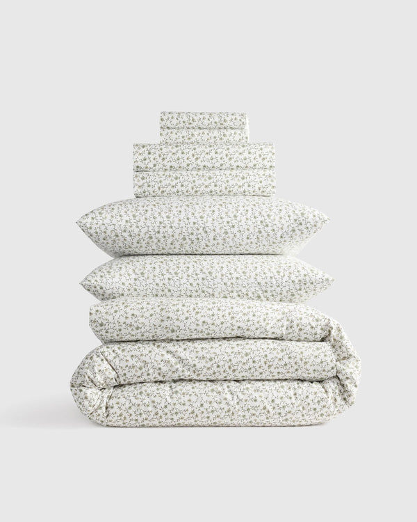 Organic Crisp Percale Floral Deluxe Bedding Bundle - Twin / Toffee Florette