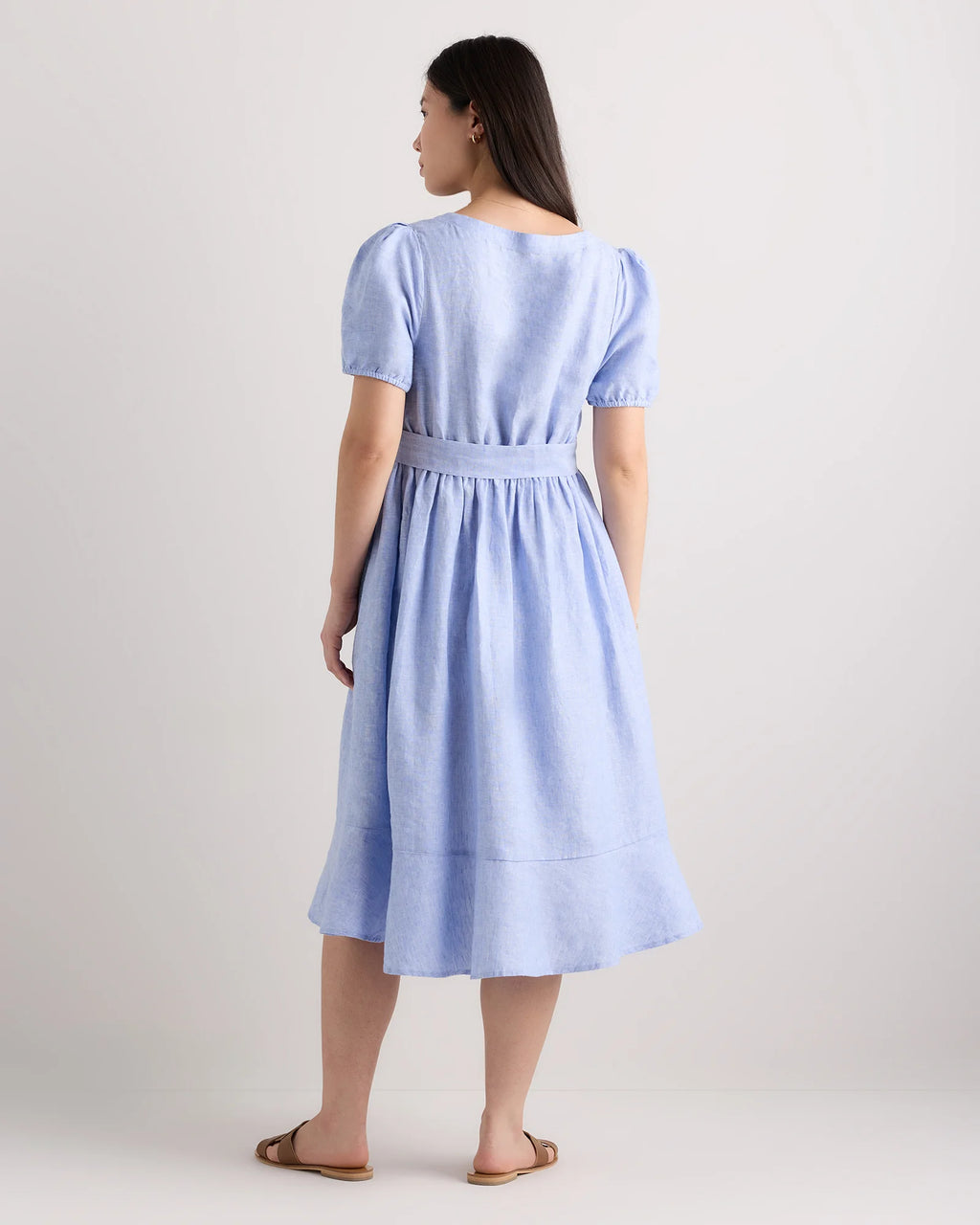 100% European Linen Maternity Short Sleeve Midi Dress - XS / Ivory Porcelain Blue Petite Floral