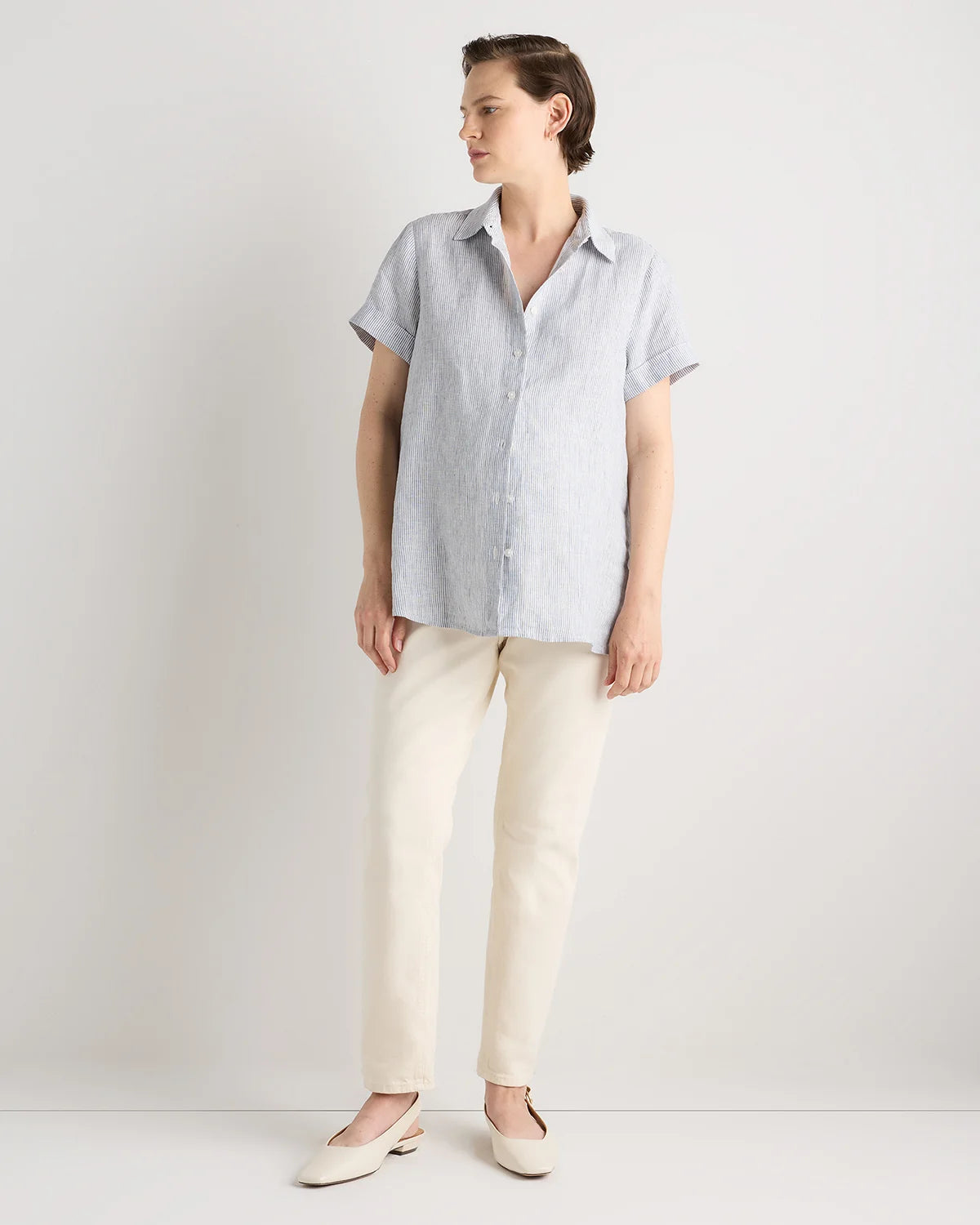 100% European Linen Maternity Camp Shirt - XS / Blue Pinstripe Secondary image