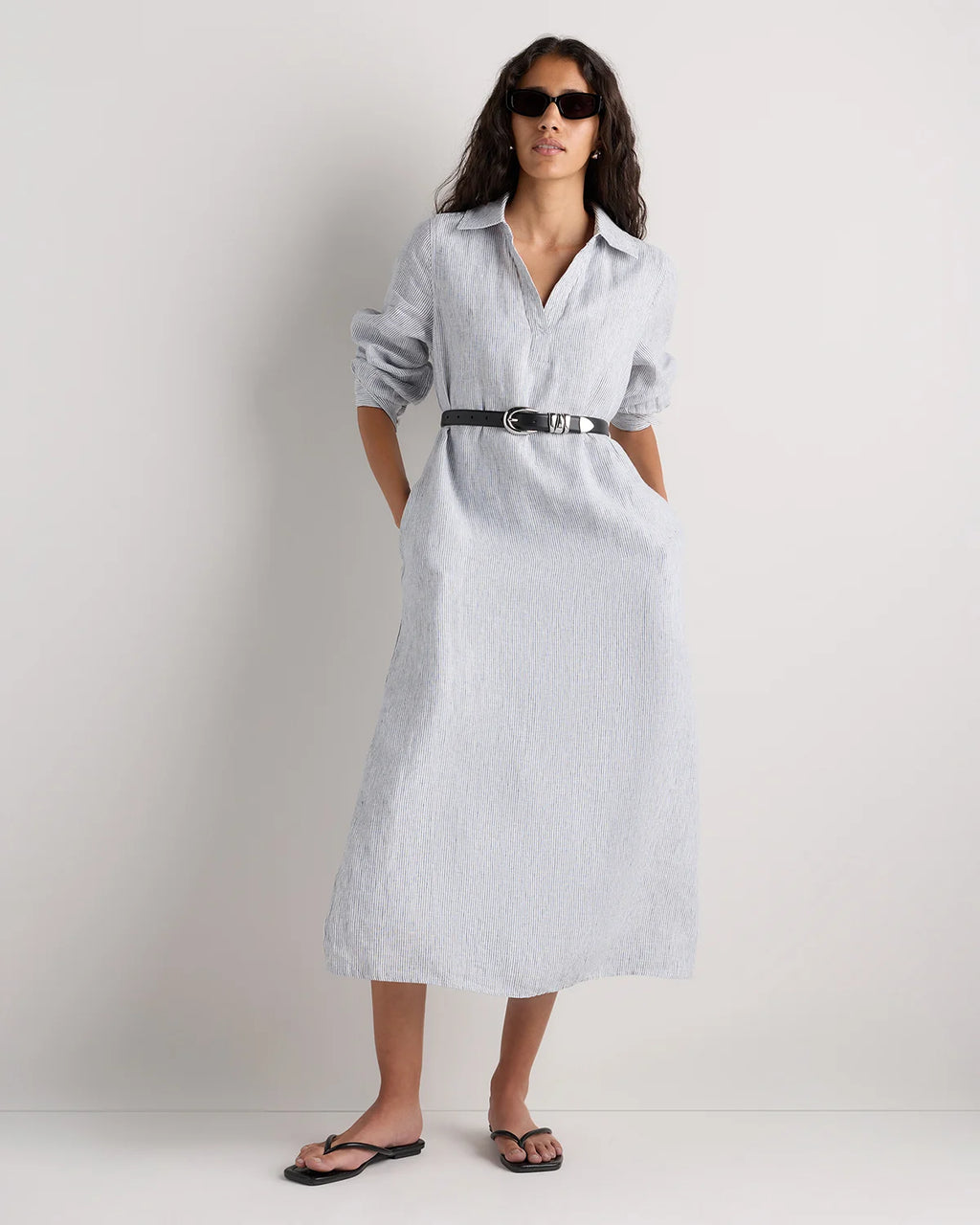 100% European Linen Popover Maxi Dress - XS / Blue Pinstripe