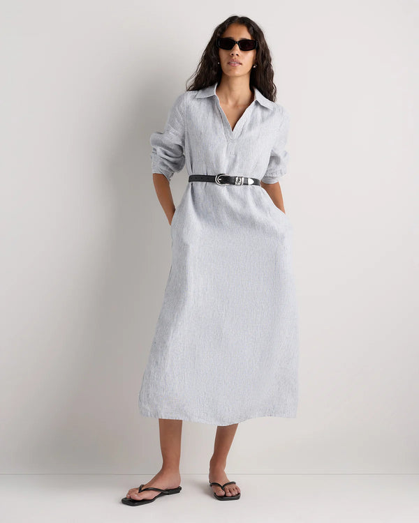 100% European Linen Popover Maxi Dress - XS / Blue Pinstripe