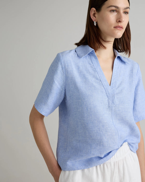 100% European Linen Short Sleeve Popover Top - XS / Blue Pinstripe