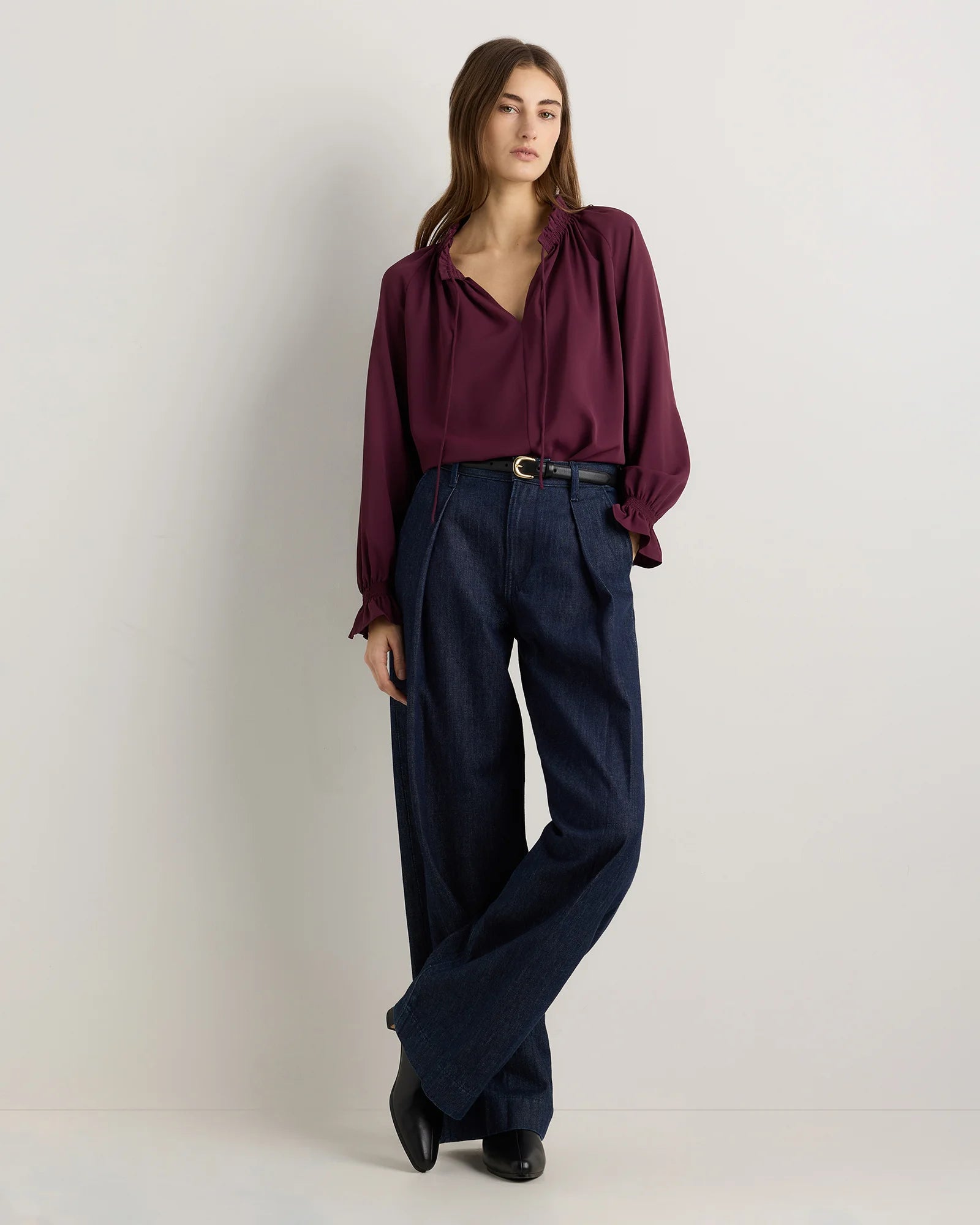 Drapey Chiffon Split Neck Long Sleeve Blouse - XS / Barolo Burgundy Secondary image