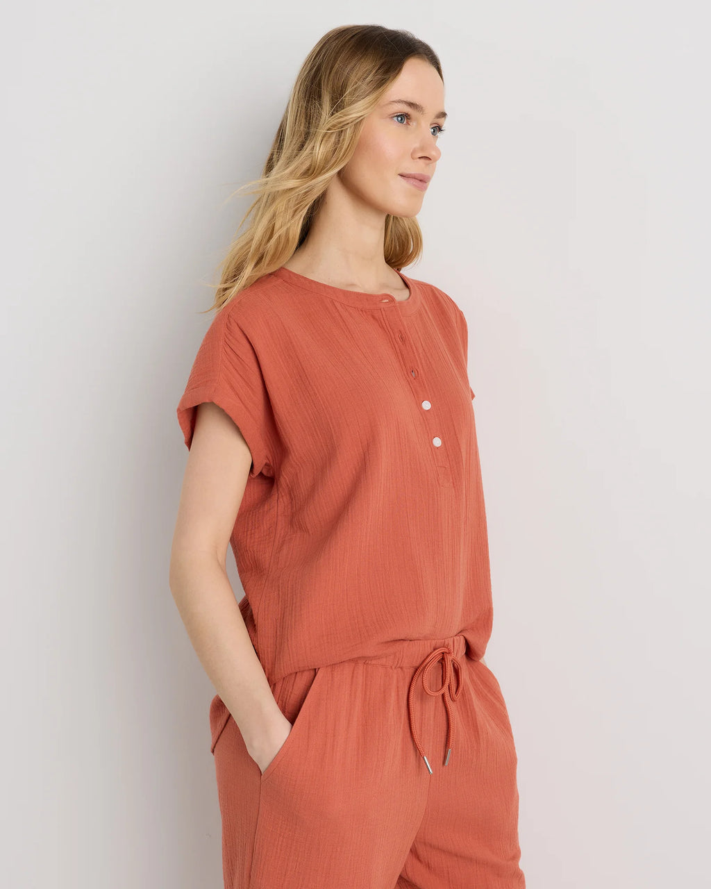 100% Organic Cotton Gauze Roll Sleeve Shirt - XS / Spiced Orange