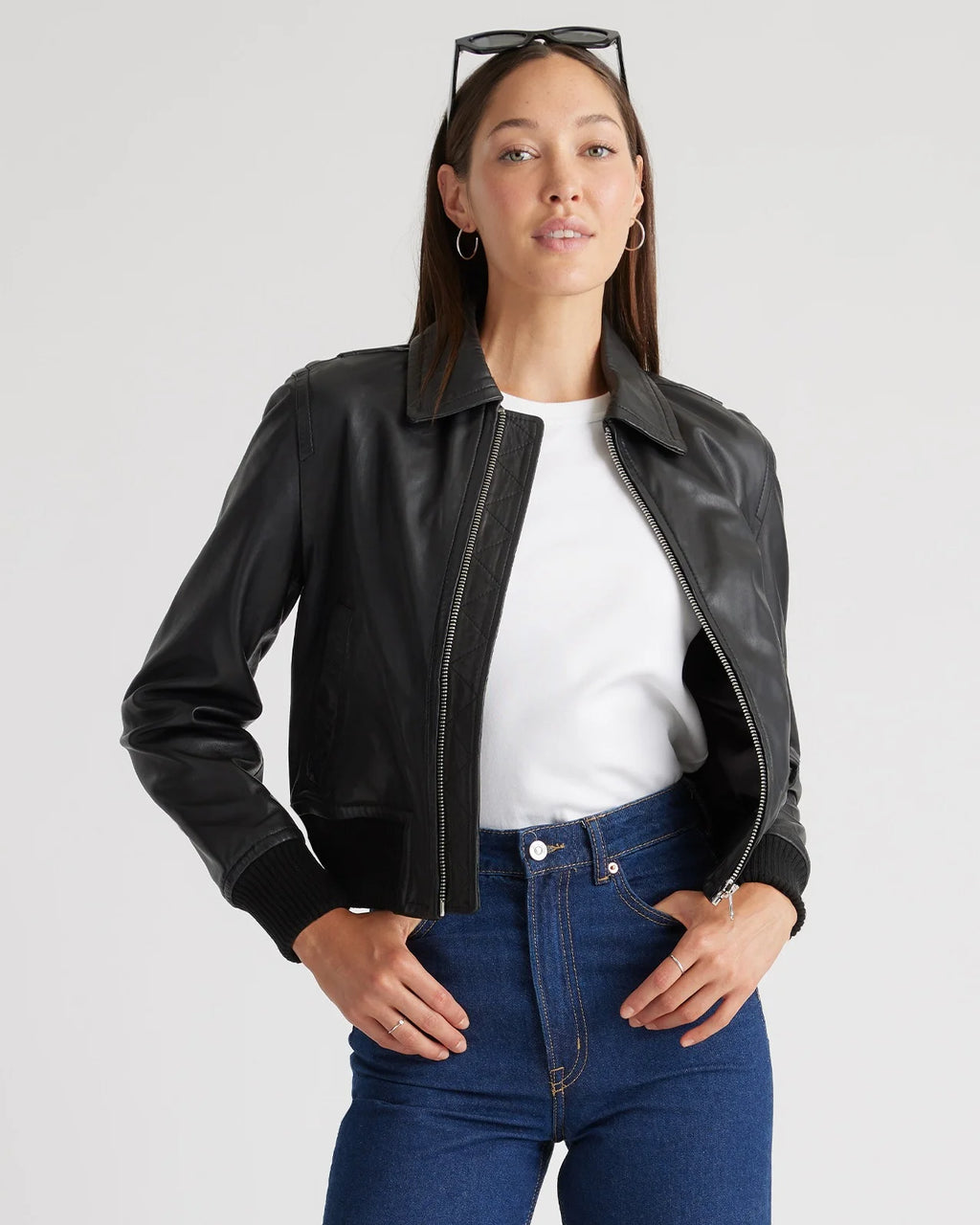 100% Washed Leather Bomber Jacket - XS / Black