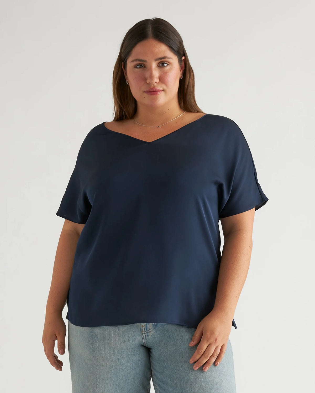 Washable Stretch Silk Reversible V-Neck Blouse - XS / Navy Main image