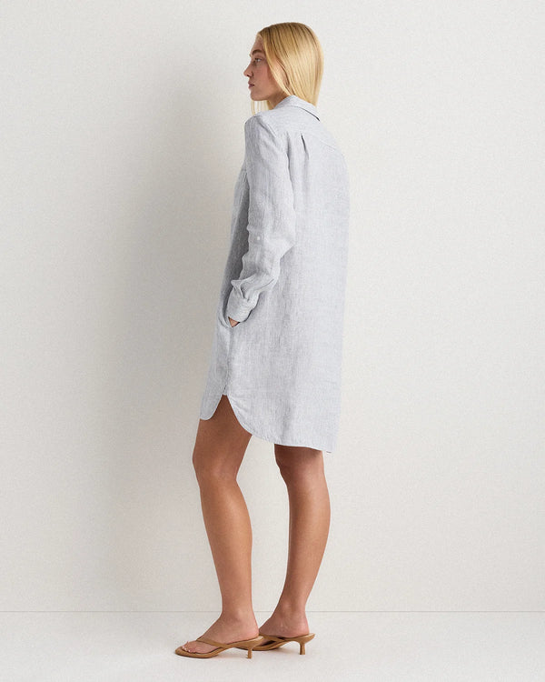 100% European Linen Shirt Dress - XS / Sky Blue Mariner Stripe