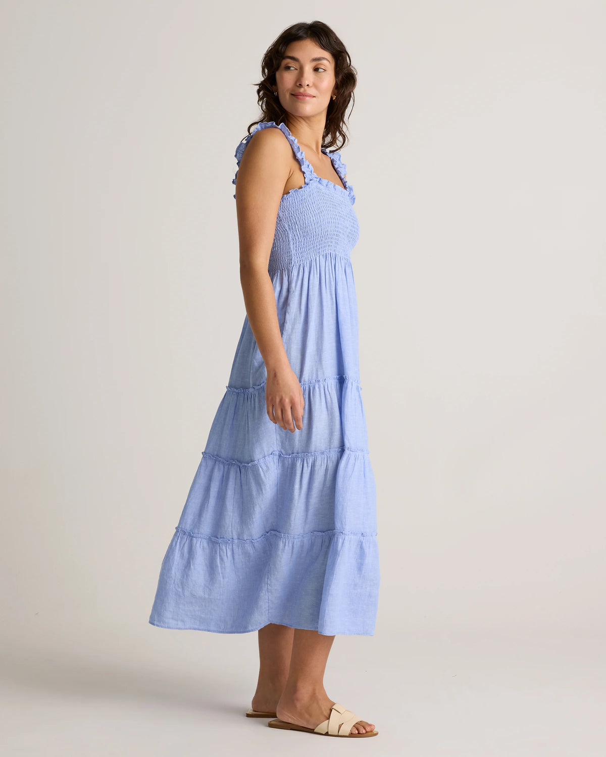 100% European Linen Smocked Midi Dress - XS / Ivory Porcelain Blue Petite Floral