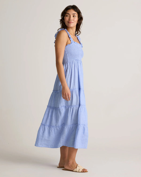 100% European Linen Smocked Midi Dress - XS / Ivory Porcelain Blue Petite Floral