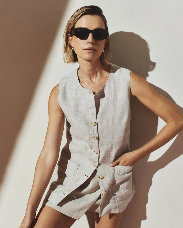 100% European Linen Longline Vest - XS / Taupe Brown Chambray