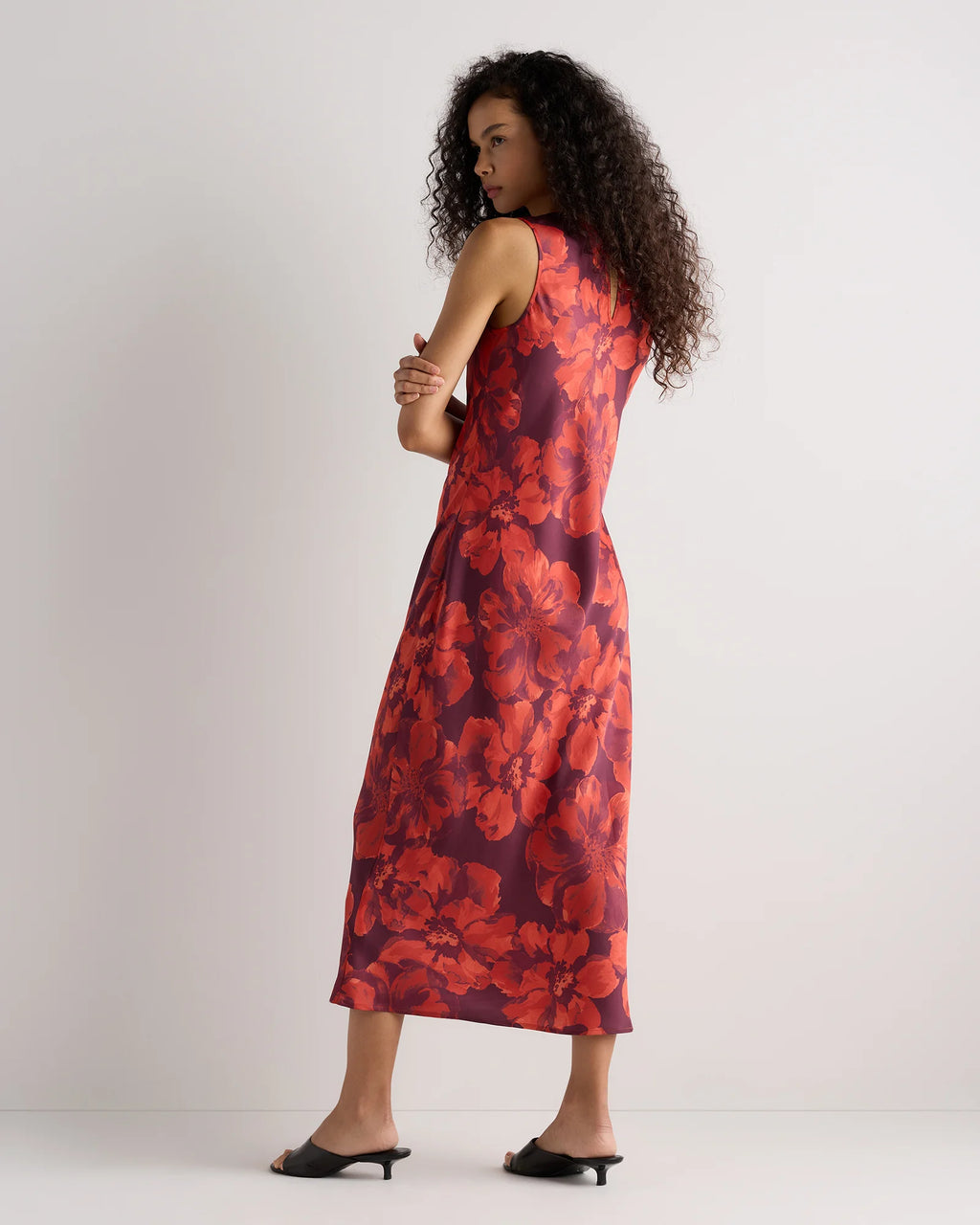 Washable Stretch Silk Tank Midi Dress - XS / Cordovan Red Hibiscus