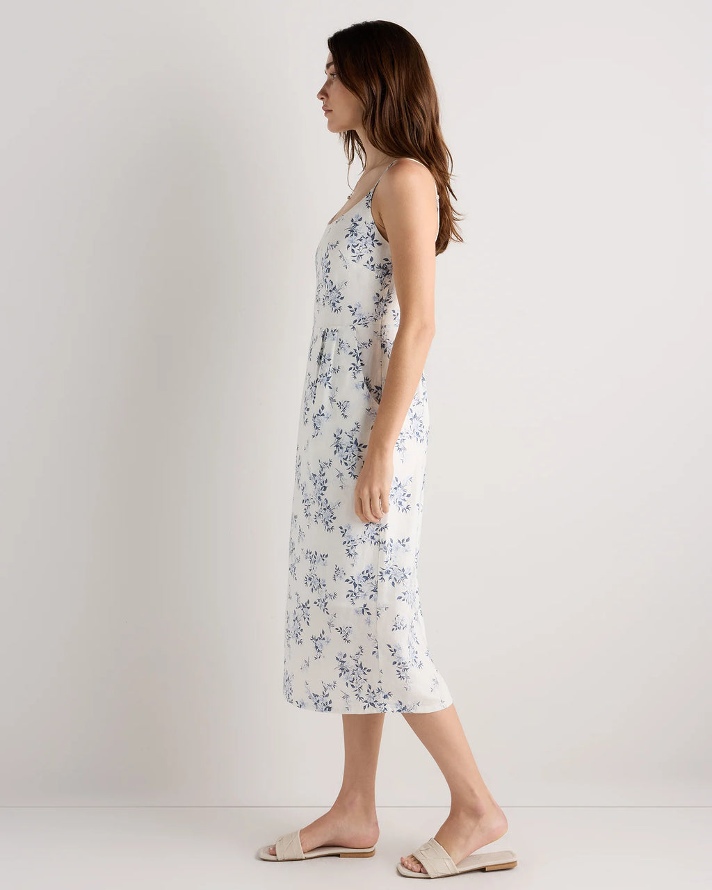 100% European Linen Scoop Neck Midi Dress - XS / Ivory Porcelain Blue Petite Floral