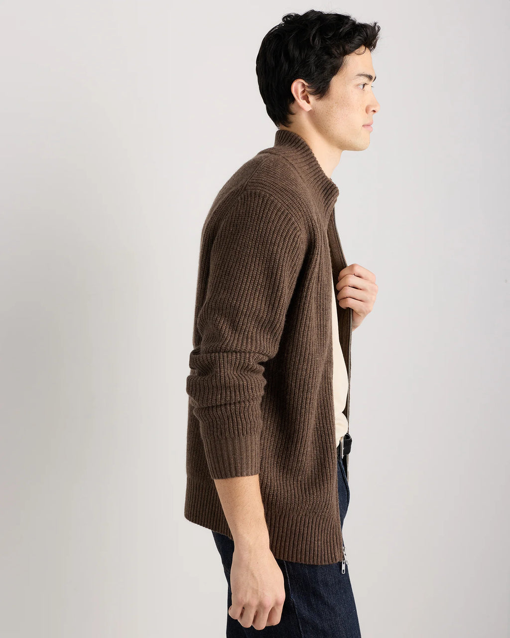 Mongolian Cashmere Fisherman Full Zip Sweater - S / Teak