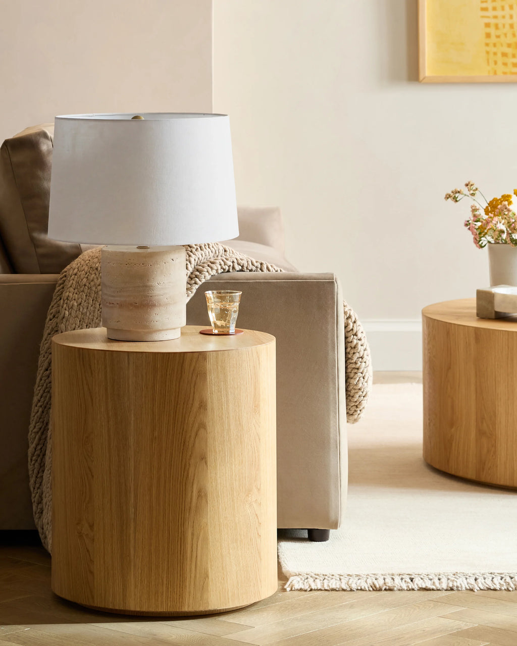 Wide Travertine Table Lamp - One Size / Beige