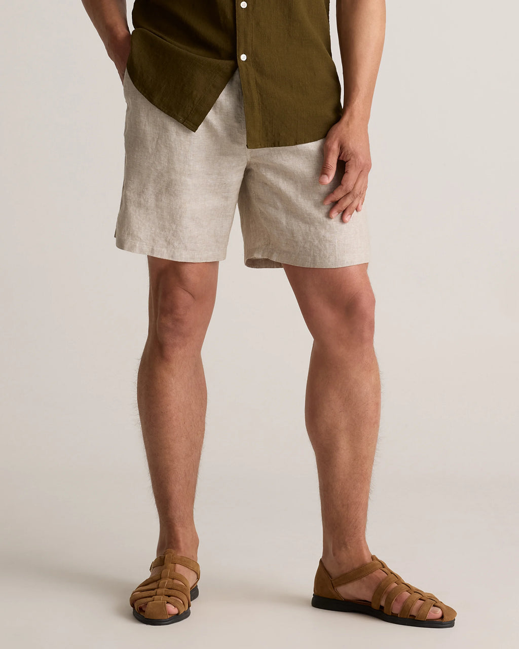 100% European Linen Drawstring Beach Shorts - 7" - XS / Taupe Brown Chambray