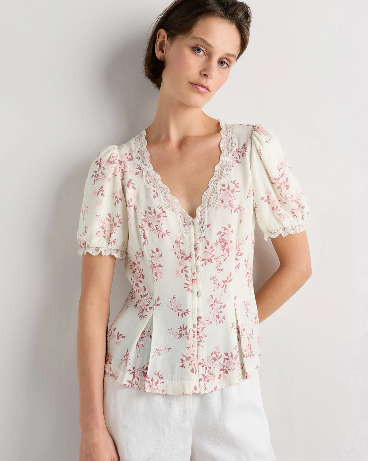 Lightweight Crepe Lace Puff Sleeve Blouse - XS / Ivory Rose Pink Petite Floral Main image