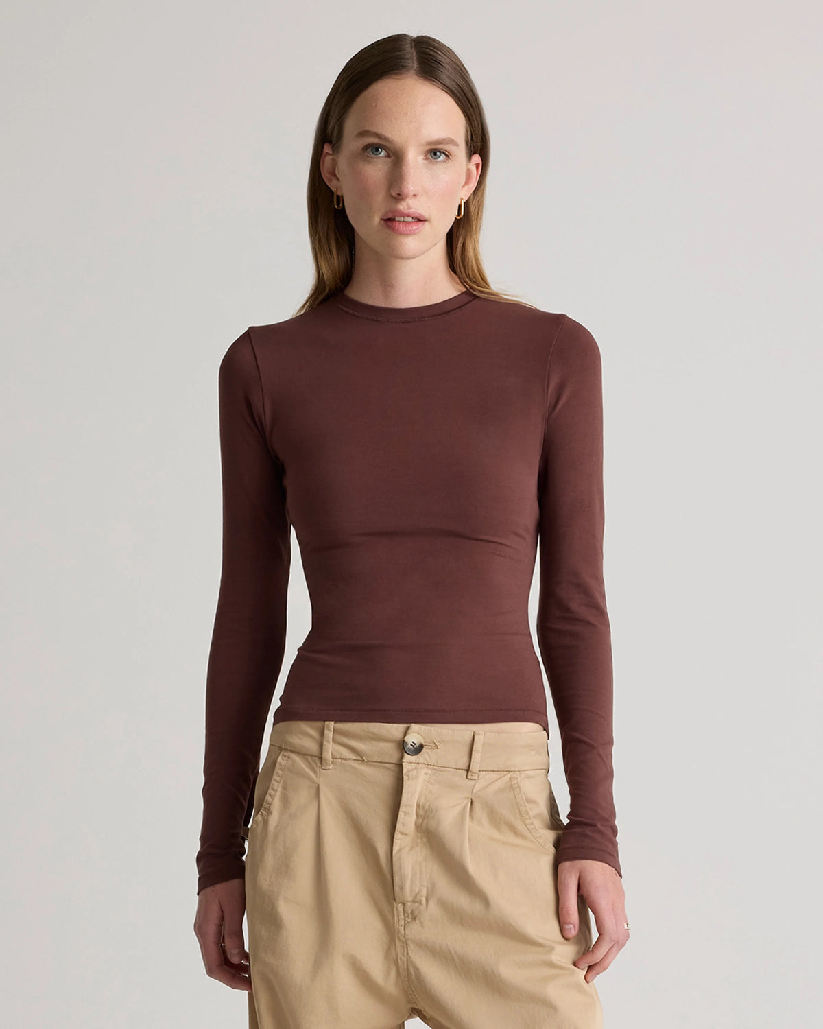 Stretch Cotton Jersey Fitted Long Sleeve T-Shirt - XS / Linen White