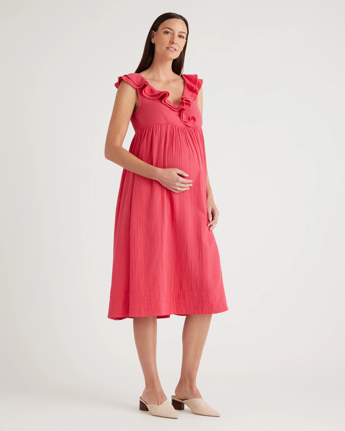 Organic Cotton Gauze Maternity Ruffle Front Dress - XS / Hot Pink Main image