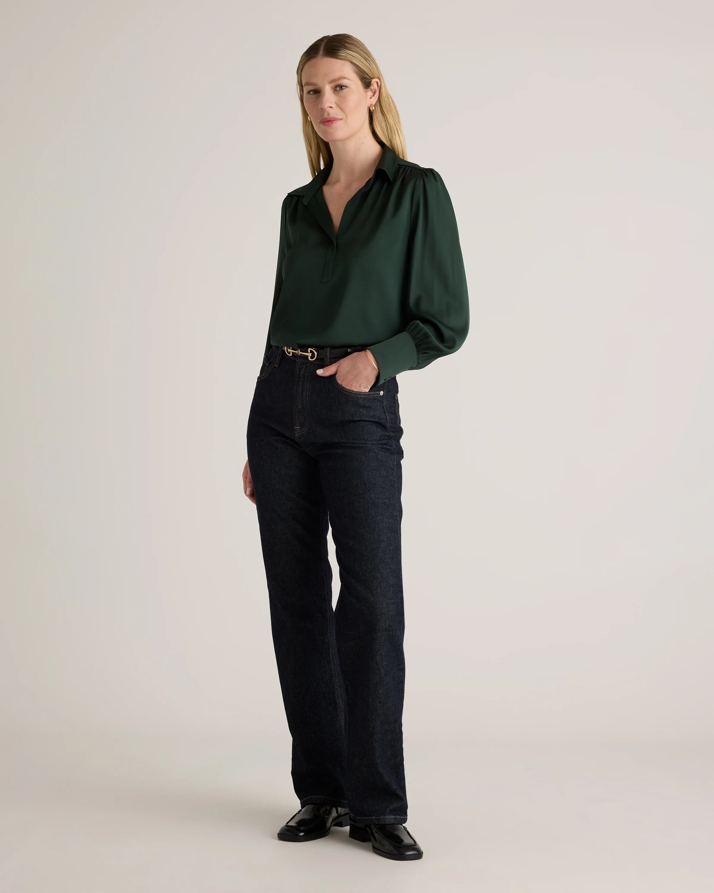 Washable Stretch Silk Split Neck Blouse - XS / Forest Green Secondary image
