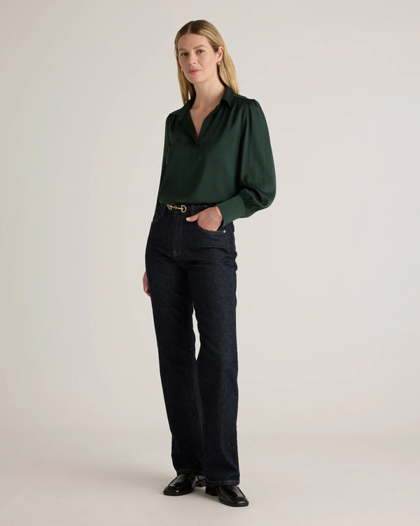 Washable Stretch Silk Split Neck Blouse - XS / Forest Green
