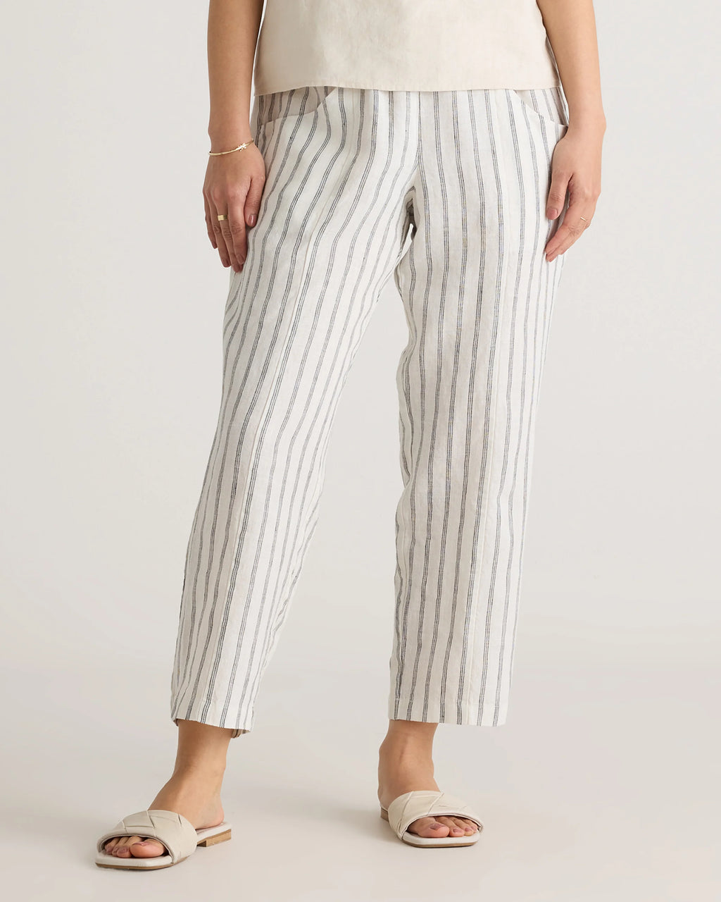 100% European Linen Tapered Ankle Pants - XS / Blue Pinstripe