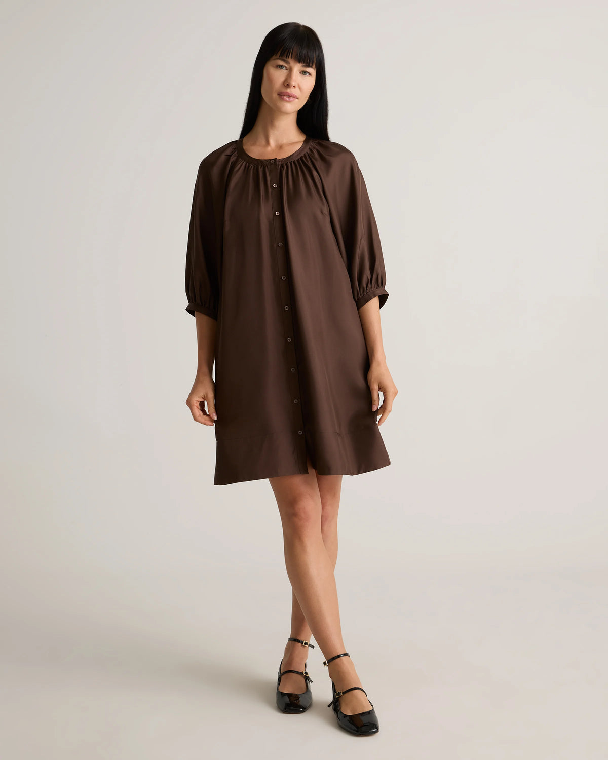 100% Silk Twill Button Front Mini Dress - XS / Hot Fudge Main image
