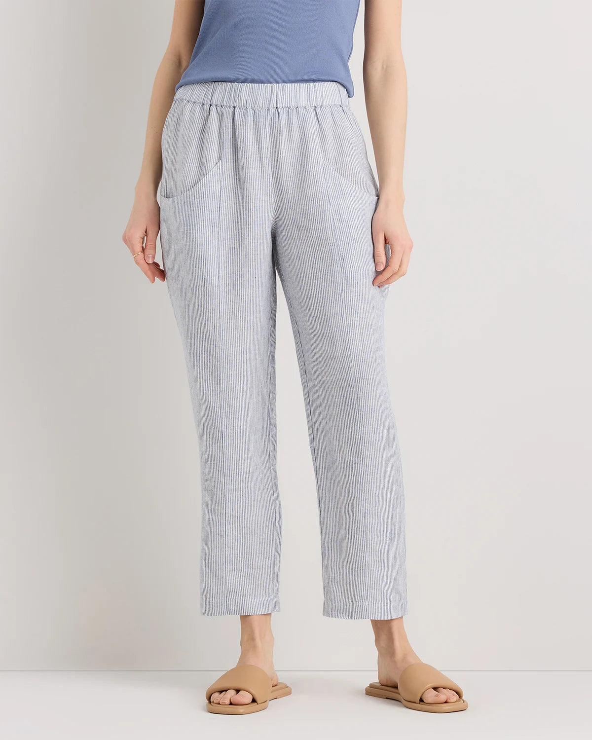 100% European Linen Tapered Ankle Pants - XS / Blue Pinstripe Main image