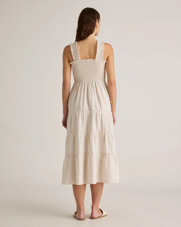 100% European Linen Smocked Midi Dress - XS / Ivory Porcelain Blue Petite Floral