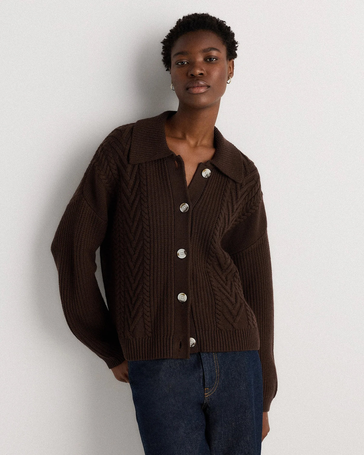 Australian Merino Wool Collared Cable Cardigan - XS / Coffee Bean Brown Main image