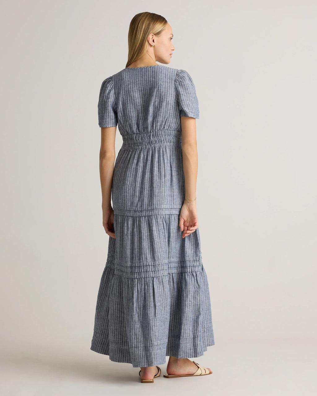100% European Linen Tiered Maxi Dress - XS / Ivory Porcelain Blue Petite Floral