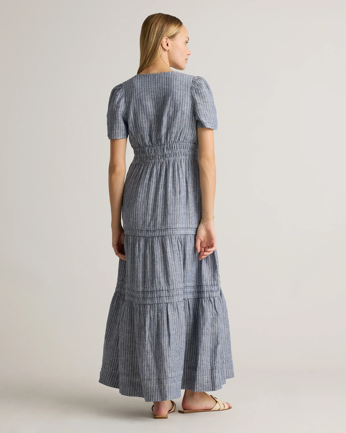 100% European Linen Tiered Maxi Dress - XS / Ivory Porcelain Blue Petite Floral