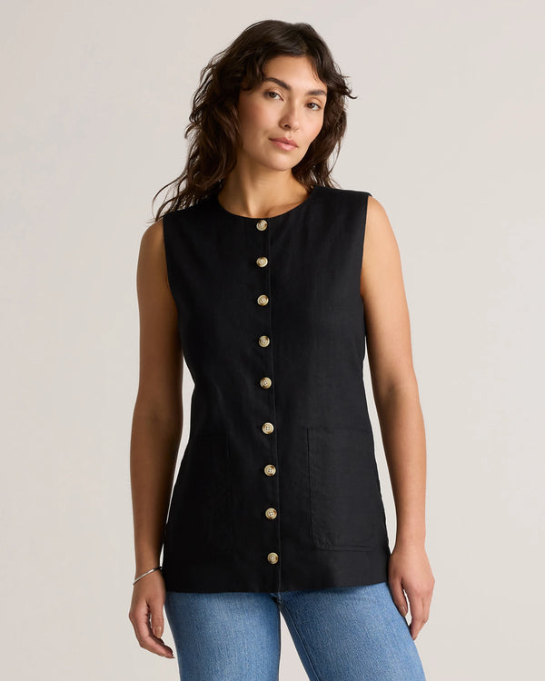 100% European Linen Longline Vest - XS / Taupe Brown Chambray